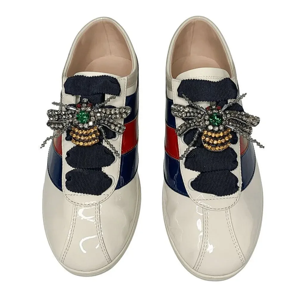 Gucci Falacer Patent Leather Sneakers 38 White Red Blue Bee Crystal Low Top